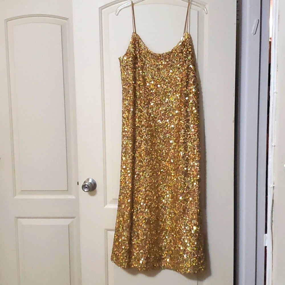 Sequin gold slip dress.